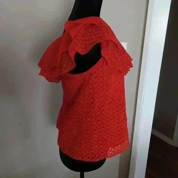 J Crew Women's Red Orange One Shoulder Ruffled Eyelit Top 2 - Picture 3 of 13